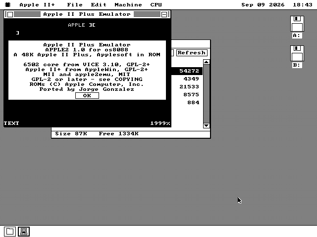 The emulator's About panel, listing a 48K Apple II Plus with Applesoft in ROM, a 6502 core from VICE under GPL 2 or later, Apple II Plus behaviour from AppleWin, MII and apple2emu, and the ROMs as Apple Computer's.