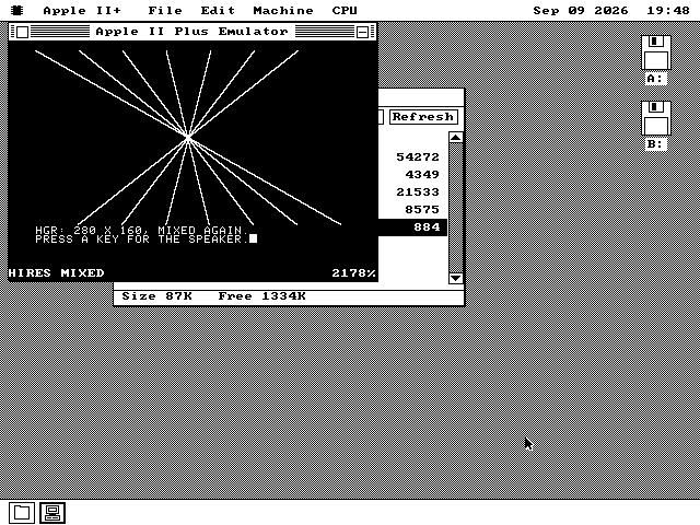 The Apple II window showing seven white lines radiating from a point on a black high-resolution screen, with two rows of text underneath reading HGR: 280 x 160, MIXED AGAIN.