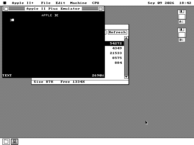 An os8088 window titled Apple II Plus Emulator showing a black Apple screen with APPLE ][ at the top and a flashing cursor at the prompt. A status strip along the bottom of the window reads TEXT on the left and 2690 per cent on the right.