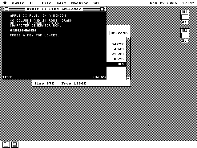 The Apple II window showing text that reads APPLE II PLUS, IN A WINDOW, 40 columns and 24 rows drawn out of the machine's own character generator, a line of inverse text, and PRESS A KEY FOR LO-RES.
