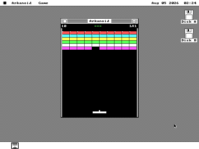 A tall window titled Arkanoid with a score of 10 at the left and LV1 at the right. Six rows of colored bricks in red, cyan, green, white and magenta fill the top, with one brick already missing, above a large black playfield and a white paddle near the bottom.