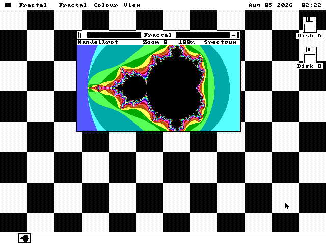 A window titled Fractal with a status line reading Mandelbrot, Zoom 0, 100 percent, Spectrum. Inside it the Mandelbrot set is rendered in full color: a black body surrounded by concentric bands of magenta, yellow, green and cyan against a blue field.