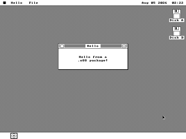 An almost empty desktop with one small window titled Hello, containing two centered lines of text: Hello from a dot o88 package. One tile sits in the dock at the bottom left.