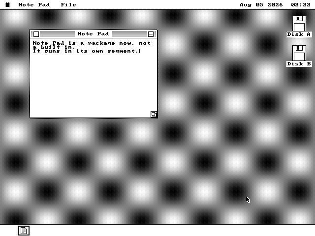A window titled Note Pad on the desktop containing two typed lines: Note Pad is a package now, not a built-in, and It runs in its own segment, with a text caret after the last character. A single tile sits in the dock at the bottom left.
