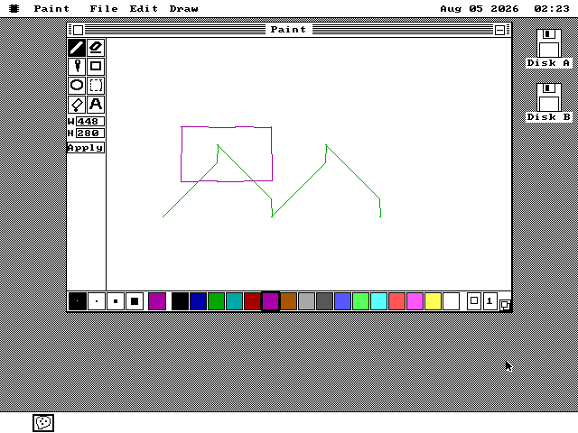 A near full-screen window titled Paint. A narrow tool palette down the left edge holds pencil, eraser, fill, rectangle, ellipse, selection, eyedropper and text tools above width and height boxes reading 448 and 280 and an Apply button. A large white canvas fills the rest, carrying a green zigzag stroke and a magenta rectangle drawn freehand. A row of sixteen color swatches runs along the bottom.