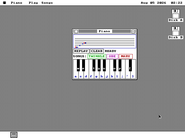 A window titled Piano. The upper half is a five-line musical staff with a few colored note marks on it; below that a REPLAY and CLEAR button pair beside the word READY, a SONGS row offering TWINKLE, ODE and MARY, and a two-octave keyboard of black and white keys with the computer keys a, s, d, f, g, h, j, k, l and the row above lettered onto them.