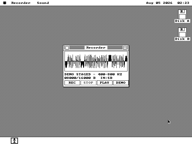 A small window titled Recorder holding a black-on-white waveform display of a dense audio signal, a status line reading DEMO STAGED, 400 to 800 Hz, 08000 of 16000 bytes, IN colon SB, and a row of four buttons: REC, STOP, PLAY and DEMO.