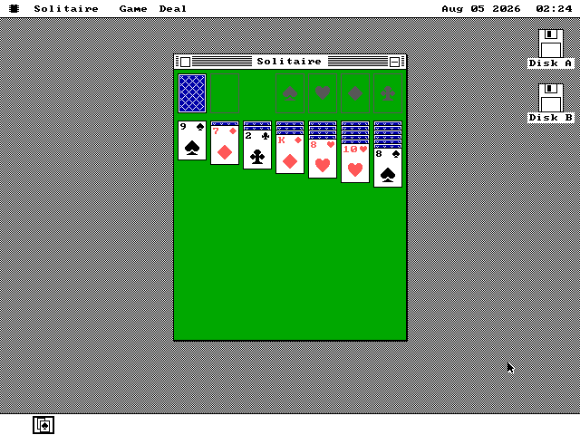 A large window titled Solitaire filled with green baize. Top left, a face-down stock with a blue lattice back; top right, four empty foundation piles marked with spade, heart, diamond and club outlines. Seven tableau columns below, each ending in a face-up card, the rest face down.