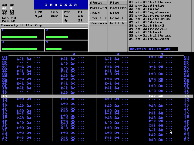 A full-screen FastTracker II style display. Top left, a blue TRACKER banner with BPM 125 and Spd 007; below it the module name Beverly Hills Cop and four channel meters showing green level bars. Top right, a list of twelve sample names and a row of buttons: About, Play, Pattern, Stop, Load and Fullscreen. The lower two thirds is a black pattern grid of blue note names in four columns, with one row highlighted in gray as the playing position.