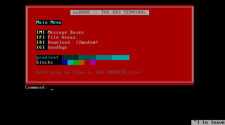 The bulletin board's screen with no window around it, filling the display: a red double-line box holding a main menu, a shaded gradient, a strip of coloured blocks, and a command prompt underneath. A note at the bottom right says Ctrl+] to leave.