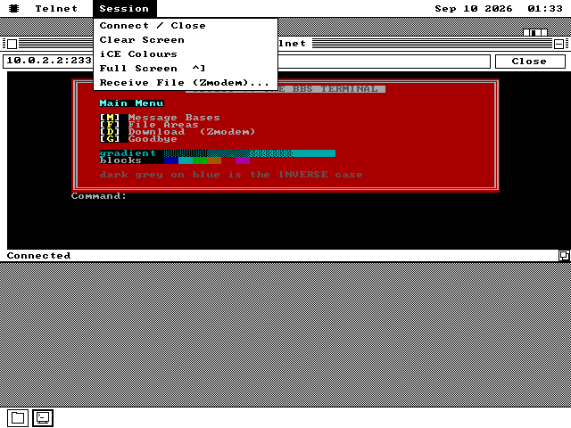 The Session menu open over the terminal, listing Connect / Close, Clear Screen, iCE Colours, Full Screen with the shortcut Ctrl+], and Receive File (Zmodem).
