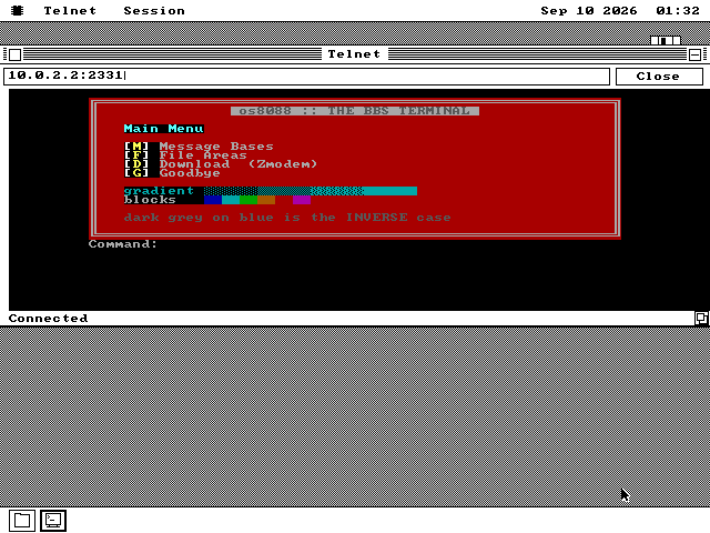 An os8088 desktop with a terminal window across the top of the screen. Inside it a bulletin board's menu is drawn in colour: a red double-line box, a title bar reading os8088 :: THE BBS TERMINAL, menu entries for message bases, file areas and downloads, a shaded gradient and a strip of coloured blocks.