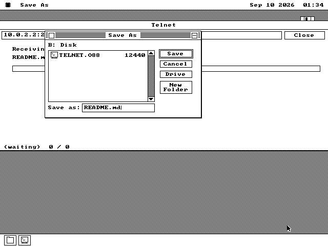 A save dialog over the terminal, titled Save As, listing the files on drive B with a name box already filled in with README.md. Behind it the terminal reads Receiving README.md, and a status line reads waiting, 0 of 0.