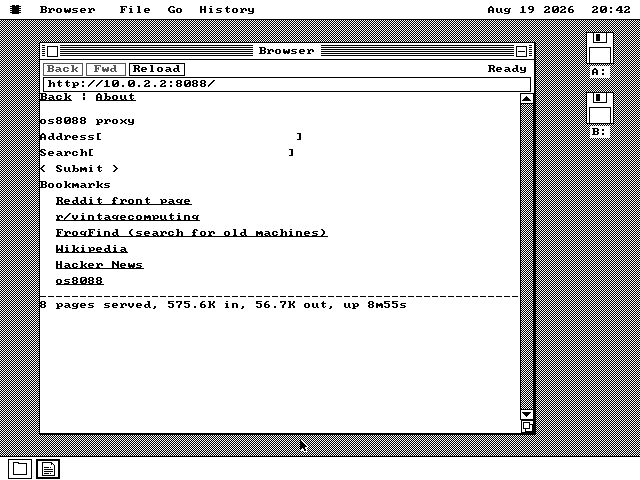 The os8088 browser showing a small page headed os8088 proxy, with two labelled text entry boxes named Address and Search, a Submit button, and a list of six underlined links including Wikipedia and Hacker News, above a dotted rule and a line reading three pages served.