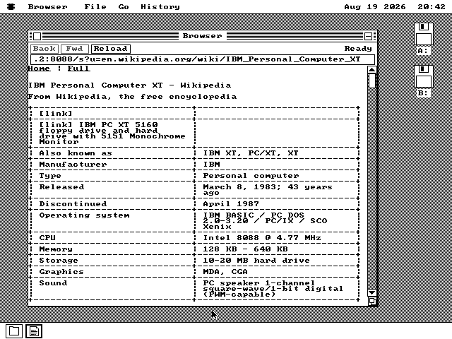 The os8088 browser showing the Wikipedia article on the IBM Personal Computer XT. Under a location bar and Back, Fwd and Reload buttons, the article's infobox is drawn as a bordered table: rows reading Manufacturer IBM, Released March 8 1983, CPU Intel 8088 at 4.77 MHz, Memory 128 KB to 640 KB.
