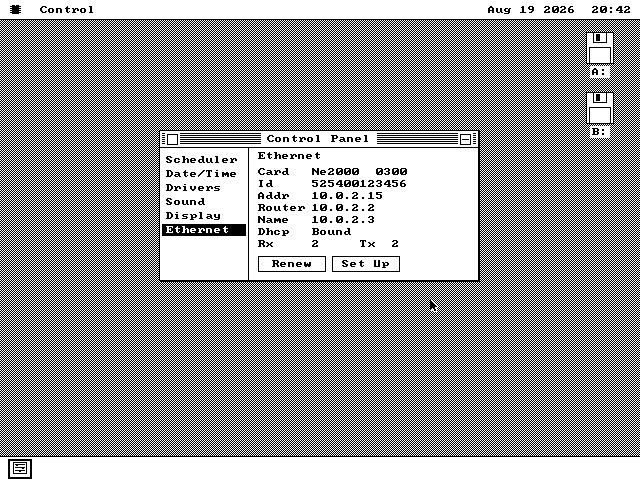 The os8088 Control Panel open on its Ethernet page. It lists Card Ne2000 0300, Id 525400123456, Addr 10.0.2.15, Router 10.0.2.2, Name 10.0.2.3, Dhcp Bound, and counts of packets received and sent, above Renew and Set Up buttons.