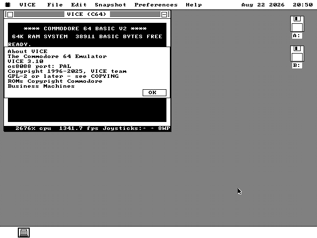 A panel over the Commodore 64 window headed About VICE, reading The Commodore 64 Emulator, VICE 3.10, os8088 port PAL, Copyright 1996 to 2025 VICE team, GPL-2 or later see COPYING, ROMs Copyright Commodore Business Machines.