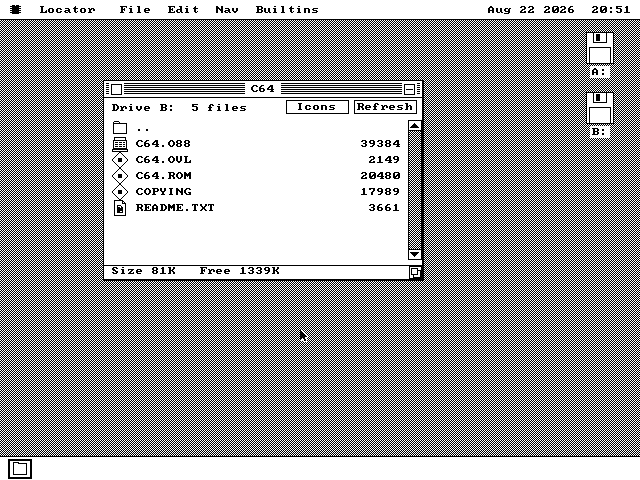 The os8088 file window open on a folder called C64 on drive B, listing C64.O88 at 39,384 bytes, C64.OVL at 2,149 bytes, C64.ROM at 20,480 bytes, COPYING at 17,989 bytes and README.TXT at 3,661 bytes.