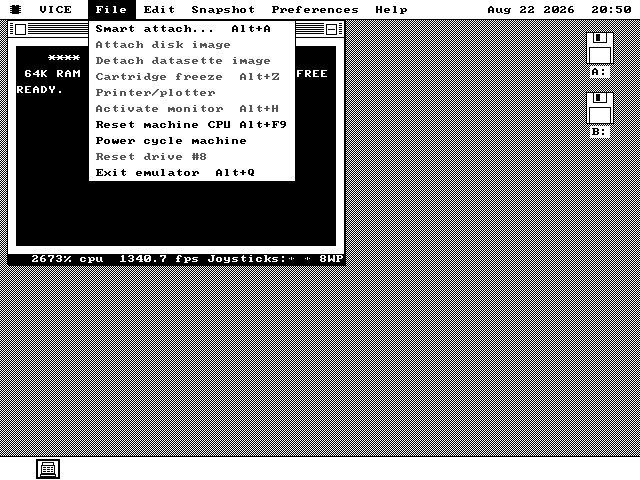 The File menu open over the Commodore 64 window, listing Smart attach, Attach disk image, Detach datasette image, Cartridge freeze, Printer slash plotter, Activate monitor, Reset machine CPU, Power cycle machine, Reset drive number 8 and Exit emulator. Six of the ten are drawn in grey.