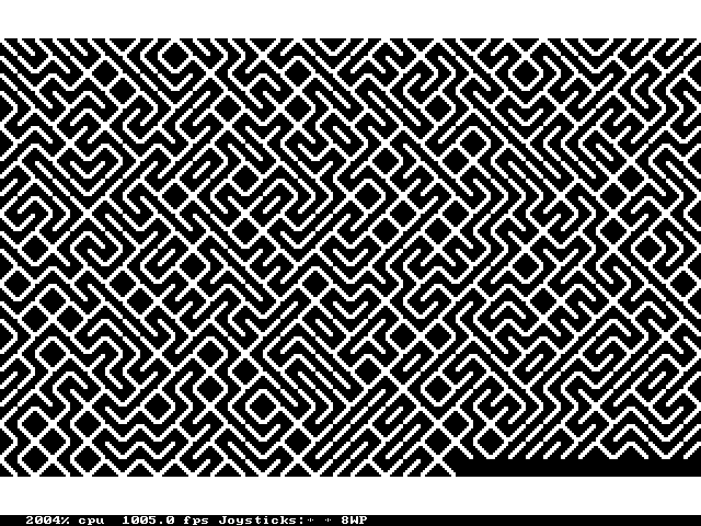 The same maze pattern with no window around it, filling the whole screen at double size, with a thin status strip along the very bottom.