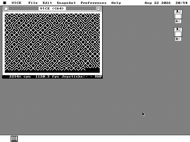 The Commodore 64 window filled edge to edge with an endless maze pattern built from diagonal line characters, generated by a one-line BASIC program.