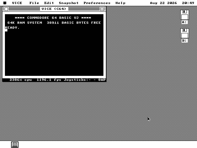 An os8088 window in the top left of the screen containing a Commodore 64 startup screen: four stars, COMMODORE 64 BASIC V2, four stars, then 64K RAM SYSTEM 38911 BASIC BYTES FREE and READY. A status strip along the bottom of the window reads 2386 per cent cpu, 1196.1 fps.
