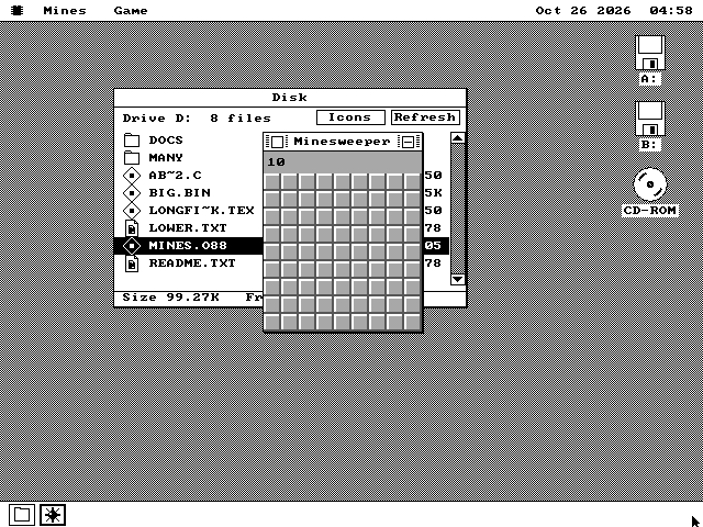 The same Disk window on drive D: with MINES.O88 highlighted, and a Minesweeper window open over it showing a fresh board of grey squares with the mine count 10.
