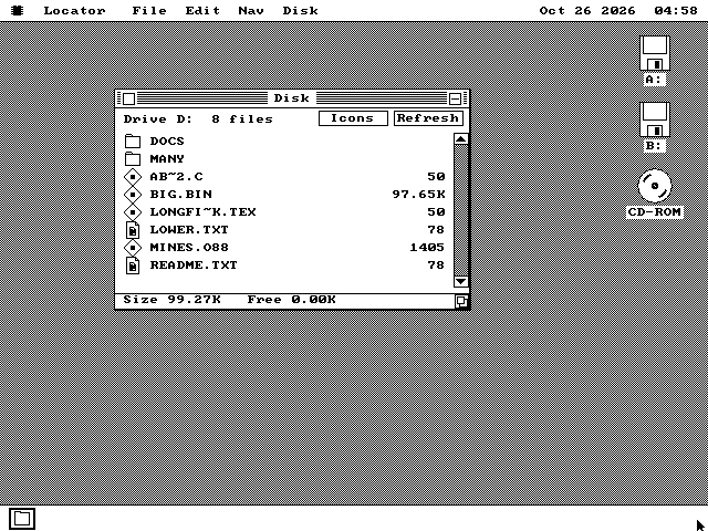 The os8088 desktop with a CD-ROM icon, drawn as a disc, under the A: and B: floppy icons. A Disk window titled Disk reads Drive D: 8 files and lists the folders DOCS and MANY, then AB~2.C 50, BIG.BIN 97.65K, LONGFI~K.TEX 50, LOWER.TXT 78, MINES.O88 1405 and README.TXT 78. The bottom line reads Size 99.27K, Free 0.00K.