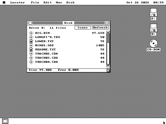 The Disk window on drive D:, reading 11 files, scrolled down to show BIG.BIN, LONGFI~K.TEX, LOWER.TXT, MINES.O88, README.TXT and then TRACK02.CDA, TRACK03.CDA and TRACK04.CDA, each 44 bytes.