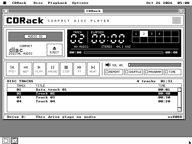 CDRack in its black-and-white theme on VGA: white panels ruled in black, a black LCD with white seven-segment digits reading track 02 and 00:00, the track grid with 2 lit, the transport buttons greyed in a checkerboard, a dithered volume slider, and the track list with Track 02 selected in black.
