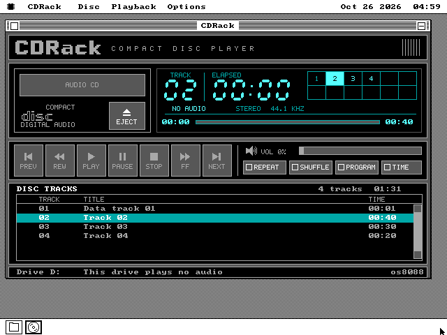 The CDRack window on VGA in its colour theme: a charcoal panel with the CDRack logo and the words Compact Disc Player. A black LCD in cyan seven-segment digits reads track 02, elapsed 00:00, with a grid of track numbers 1 to 4 and track 2 lit, and the words No audio and Stereo 44.1 kHz. Below it a row of picture buttons, Prev, Rew, Play, Pause, Stop, FF and Next, all greyed, a volume slider, and Repeat, Shuffle, Program and Time toggles. A Disc Tracks list shows Data track 01 and Tracks 02 to 04 with their times, Track 02 selected in cyan. The status bar says Drive D: This drive plays no audio.