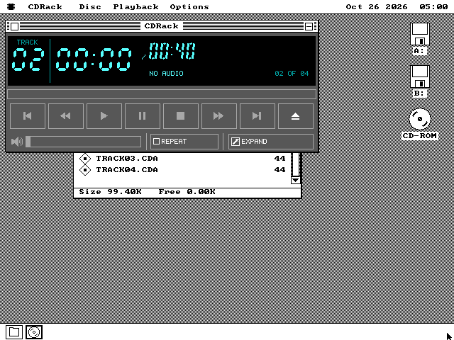 CDRack's compact player in colour at the top of the screen: an LCD reading track 02, 00:00 and 00:40, No audio and 02 of 04, a progress bar, eight picture buttons for previous, rewind, play, pause, stop, fast forward, next and eject, and a volume slider with Repeat and Expand. The Disk window shows below it.