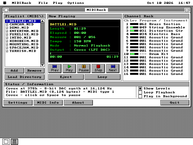 The MIDIRack window on VGA starting to play BATTLE1.MID. The black Now Playing display reads output Covox (LPT DAC), and the Status pane says Covox at 378h, 8-bit DAC synth at 16,124 Hz, and Covox, click or Space to pause. The channel rack lists sixteen instruments, Brass Section, String Ensemble, Distortion Gtr, Electric Bass and Drum Kit among them.