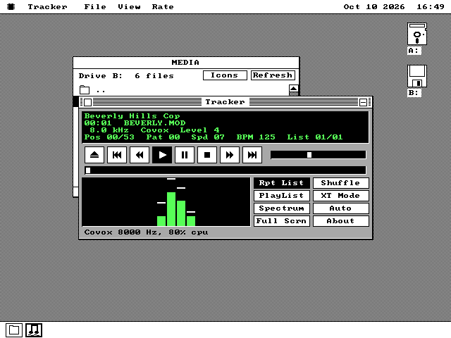 The Tracker window playing BEVERLY.MOD, Beverly Hills Cop. Its display reads 8.0 kHz, Covox, Level 4, and the status line at the bottom says Covox 8000 Hz. A small spectrum shows green bars.