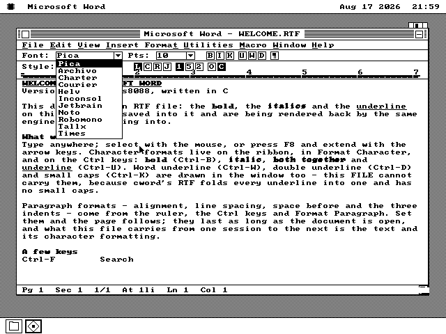 The Font box on the ribbon dropped open over the document, listing Pica, Archivo, Charter, Courier, Helv, Inconsol, Jetbrain, Noto, Robomono, Tallx and Times.