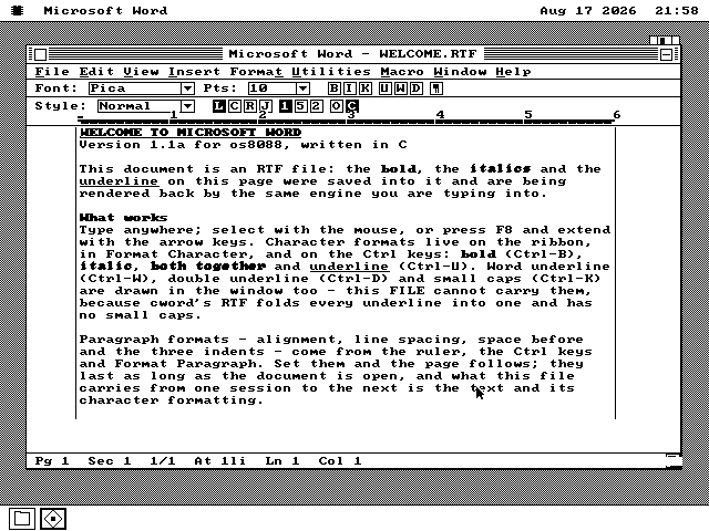 The same document in page view. The text now sits in a narrower column with the edges of the sheet drawn as vertical lines down either side, and the ruler has shrunk to match the column.