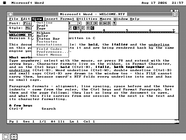 The View menu pulled down. Draft has a tick beside it. Page, Ribbon, Ruler and Status Bar are available. Outline, Footnotes, Annotations, Field Codes, Preferences and Short Menus are greyed out.