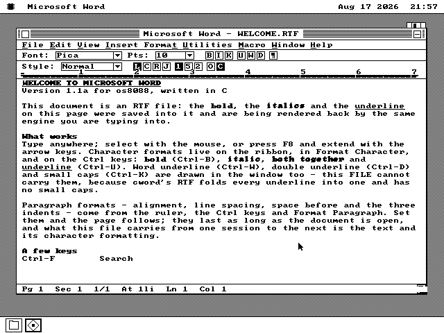A word processor open on the os8088 desktop showing a welcome document with a bold heading, bold, italic and underlined words in the text, a ribbon and a ruler above the text and a status bar below it.