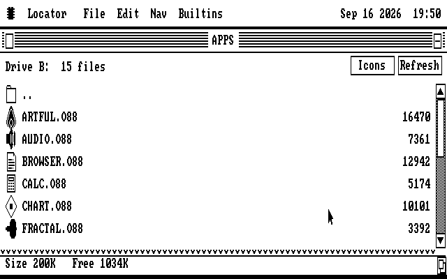 The same CGA screen with Auto-hide on. The APPS window now reaches the bottom edge and lists six files: ARTFUL.O88, AUDIO.O88, BROWSER.O88, CALC.O88, CHART.O88 and FRACTAL.O88. No dock is visible.