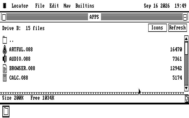 A CGA screen with a file window named APPS zoomed to fill the space above the dock. It lists the parent folder and four files: ARTFUL.O88, AUDIO.O88, BROWSER.O88 and CALC.O88. The dock along the bottom holds one tile.