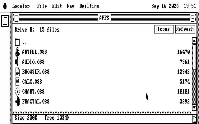 The CGA screen with the dock standing down the left edge holding one tile. The zoomed APPS window fills the rest of the screen to the bottom edge and lists six files.