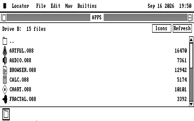 The CGA screen with the zoomed APPS window and the hidden dock opened across the bottom, covering the window's lower edge. The dock holds one tile and the pointer rests at the bottom edge of the screen.