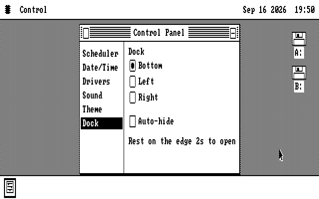 The os8088 desktop on a CGA screen with the Control Panel open on its Dock page: radio buttons for Bottom, Left and Right with Bottom chosen, an Auto-hide check box, and the dock along the bottom of the screen holding one tile.