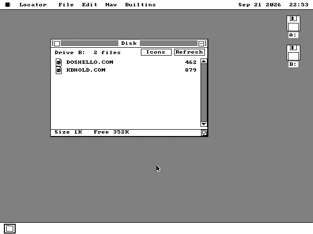 An os8088 Disk window titled Disk showing Drive B with two files, DOSHELLO.COM at 462 bytes and KBHOLD.COM at 879 bytes, each drawn with a small DOS document icon.