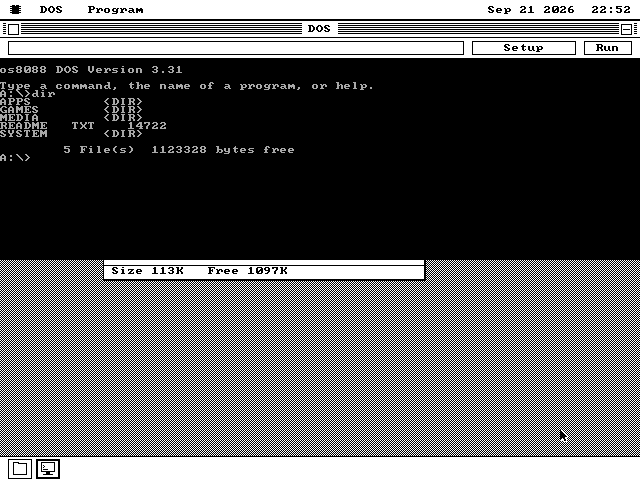The DOS box open on the os8088 desktop. A console shows os8088 DOS Version 3.31, the line Type a command, the name of a program, or help, and the result of a DIR command listing APPS, GAMES, MEDIA, README.TXT and SYSTEM with 1123328 bytes free.