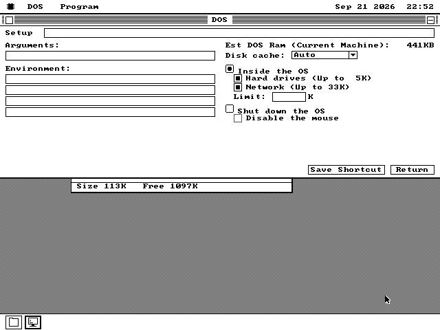 The DOS box setup area. It reads Est DOS Ram (Current Machine): 441KB, a Disk cache menu set to Auto, and a choice between Inside the OS, selected, and Shut down the OS.