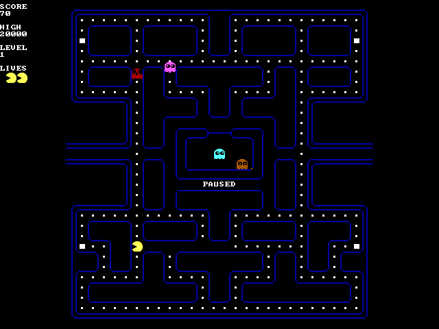 Dot Delirium filling the screen: a blue maze on black with white dots and four large power pellets, Smiles in yellow at the lower left, red and pink ghosts at the top left, a cyan and an orange ghost in the ghost house, and the word PAUSED. A column at the left reads SCORE 70, HIGH 20000, LEVEL 1 and two lives.