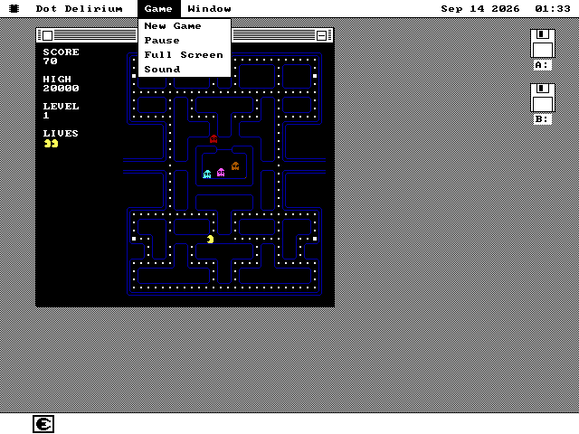 The Dot Delirium window with a game in progress behind its open Game menu, which lists New Game, Pause, Full Screen and Sound.
