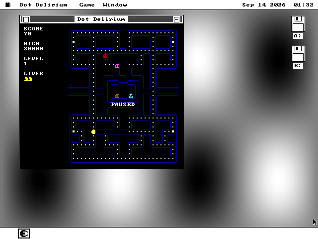 Dot Delirium in a window on the desktop with a game paused: the maze with dots, Smiles at the left, two ghosts in the ghost house and two out, and PAUSED in the middle. A column at the left reads SCORE 70, HIGH 20000, LEVEL 1 and two lives.