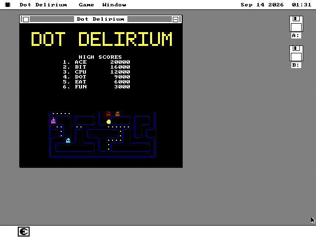 The Dot Delirium window on the os8088 desktop: DOT DELIRIUM in large yellow block letters, a HIGH SCORES table of six initials and scores from ACE 20000 to FUN 3000, and part of a maze below with ghosts and Smiles moving in a demo game.